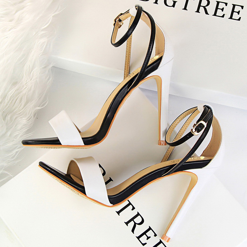 Casual Sandal Leather - Women Black-White Concise Leather 11cm High