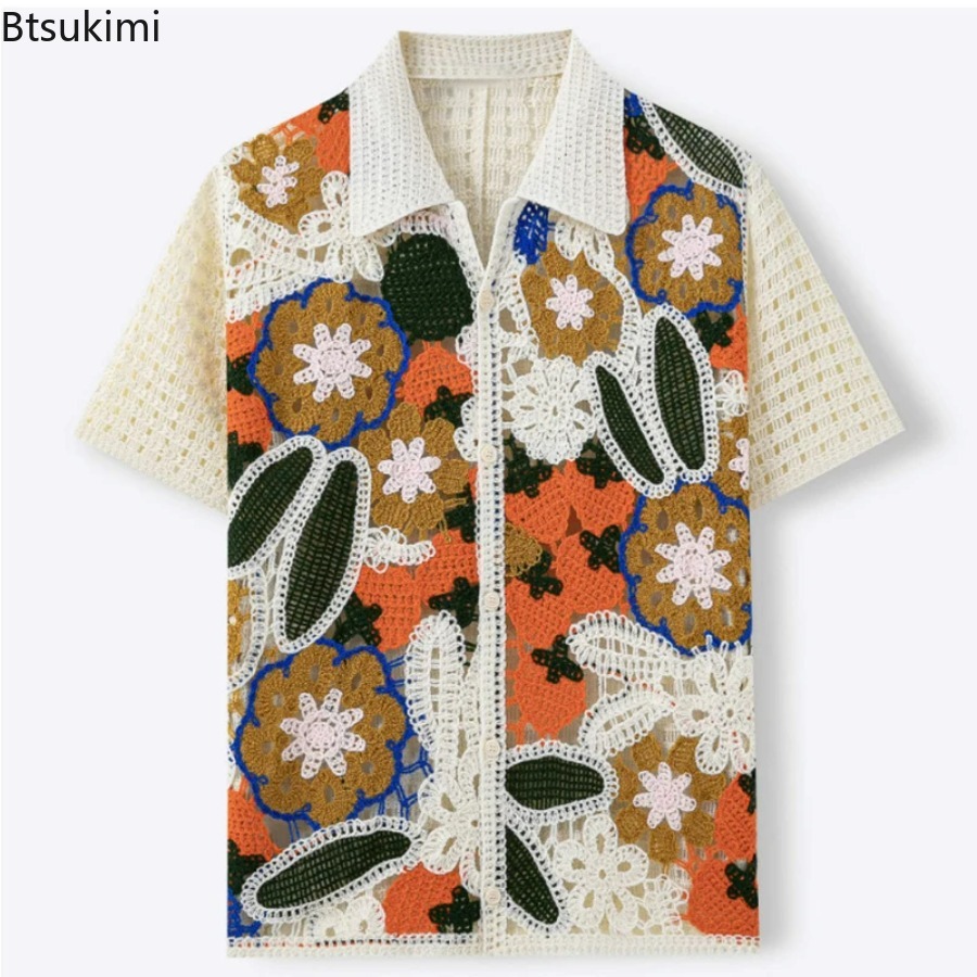 Men's Retro Floral Crochet Kni - огляд і ціна Shirt Camp Collar