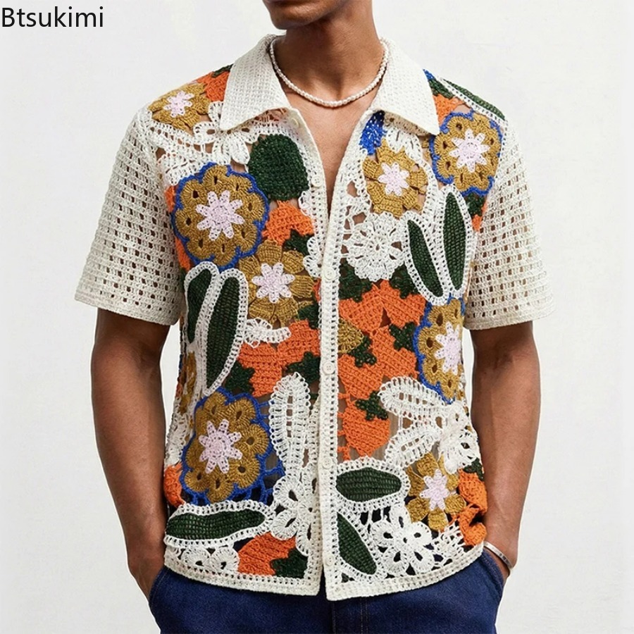 Men's Retro Floral Crochet Kni - огляд і ціна Shirt Camp Collar