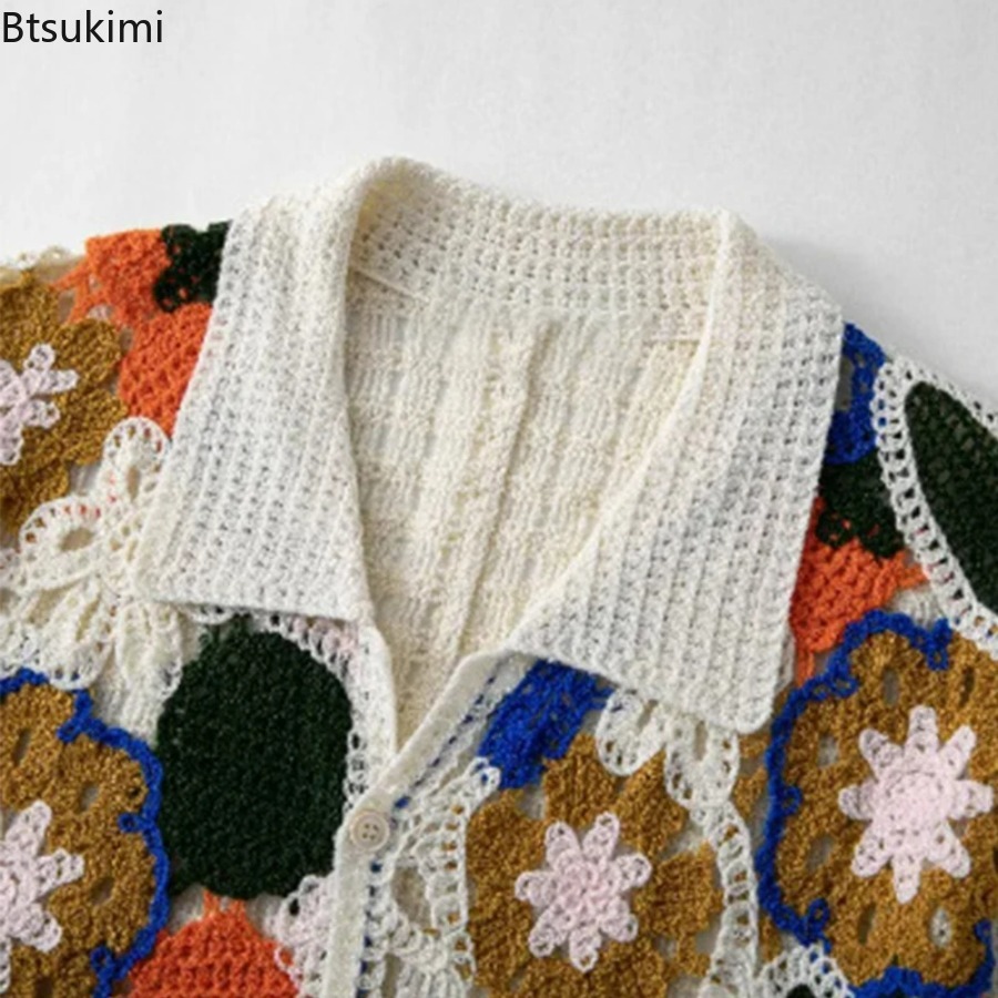 Men's Retro Floral Crochet Kni - огляд і ціна Shirt Camp Collar
